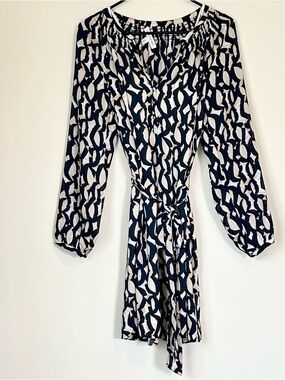 Banana Republic Black and Cream Geo Abstract Tie-Waist Dress - Size: 6